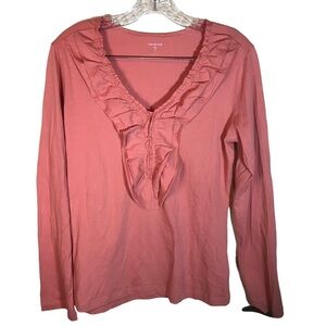 Garnet Hill women’s V-neck ruffle front long sleeve top Pima cotton size M coral